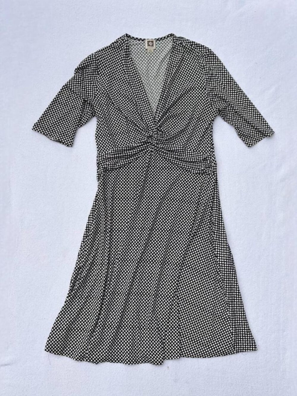 Anne Klein Black White Polka Dot Twist 3/4 Sleeve Midi Dress Sz L Corpcore Cute